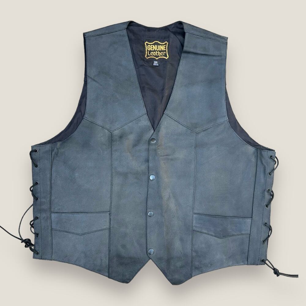 Genuine Leather Men’s Black Motorcycle Vest Size: 50